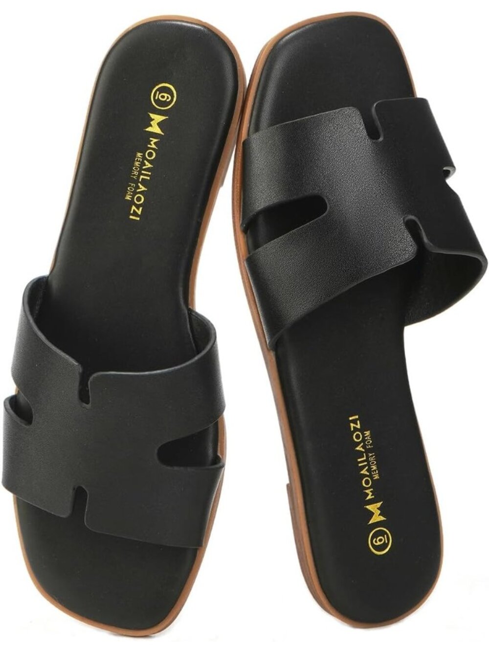 Women's Black Faux Leather Stylish Comfortable Slip On Slide Classic Flat Sandal